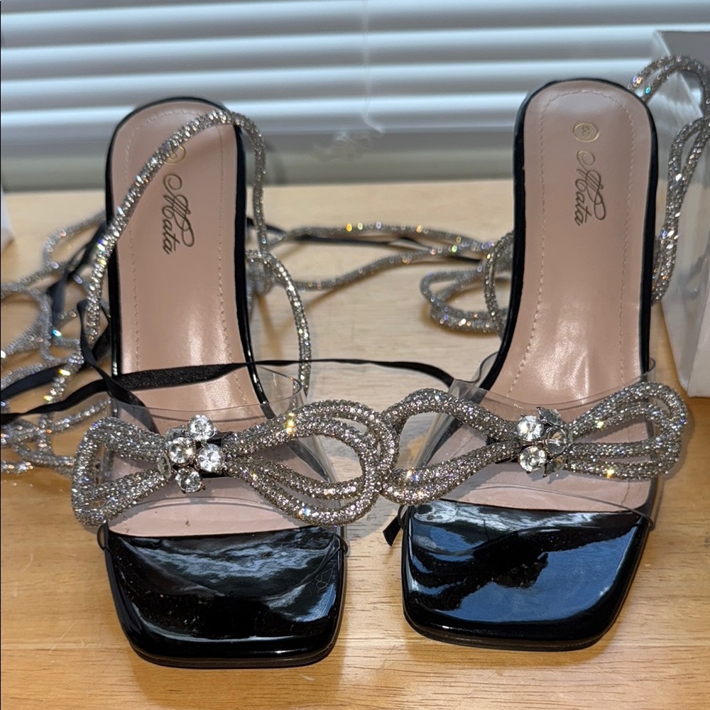 Black and Silver Strappy Heels wrap around calf